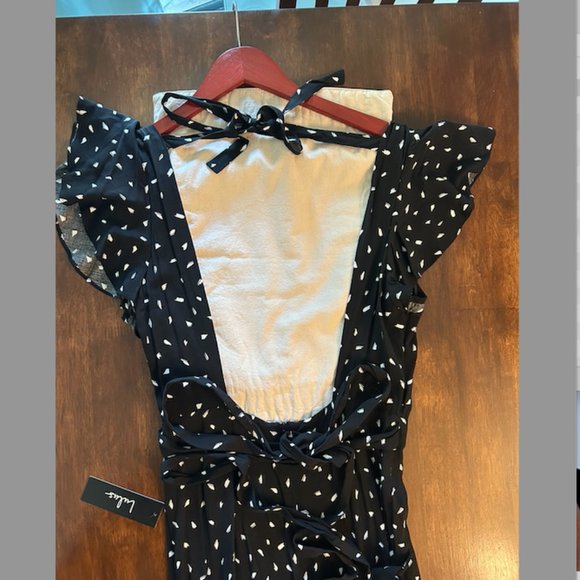 Lulus Wide leg Jumpsuit Black White Fine Print Open Back Ruffle Shoulder S - Picture 7 of 16